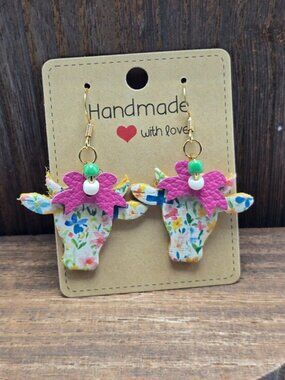 NWT Leather Cork Cow Bow Earrings Pierced Farm Girl Dangle Drop Light Weight